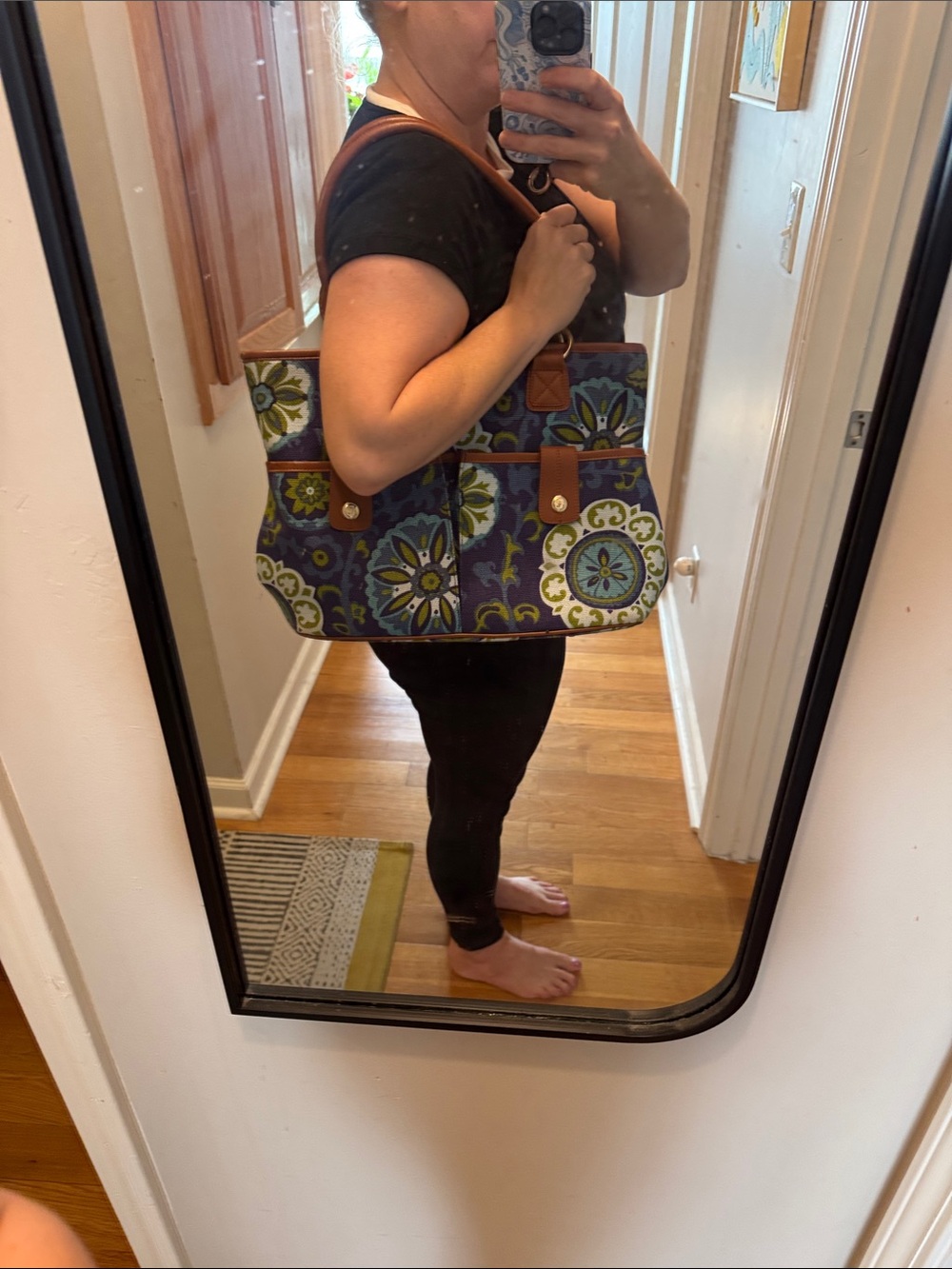 Spartina 449 Navy Floral Canvas Tote with Brown Trim and Teal Accents - Picture 6 of 7